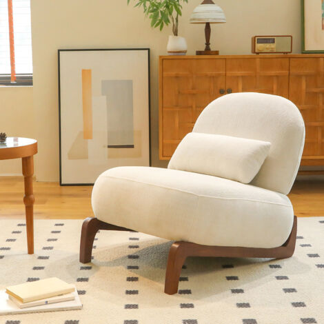 Fauteuil relax sans accoudoirs pour salon ou chambre, tissu velours, pieds en bois, blanc