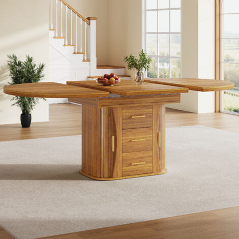 Table à manger extensible ronde à ovale 118-158x118x77 cm, avec 2 tiroirs, 6 places, MDF noyer (1/5)