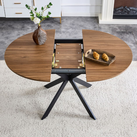 Table à manger extensible ronde/ovale 4 à 6 places, MDF effet noyer et métal noir