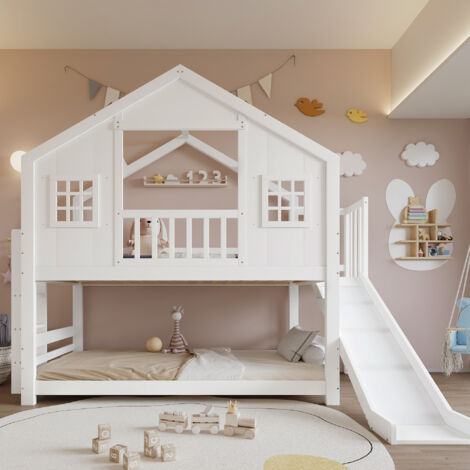 Lit superposé enfant avec toboggan 90x200 cm, design cabane avec fenêtre, sommier à lattes, bois blanc