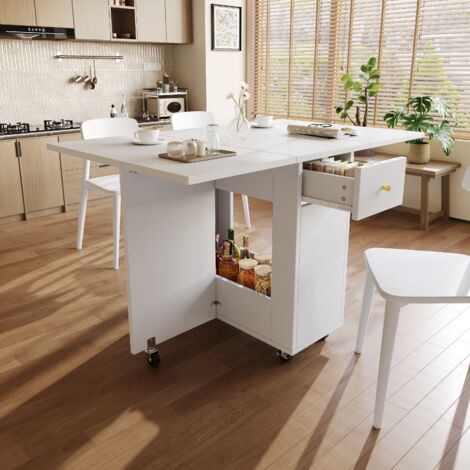 Table à manger pliante 120x75x75 cm avec rangement, 2 tiroirs et roulettes, MDF blanc (1/5)