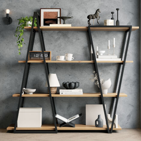 Bibliothèque géométrique 158x35x166 cm, étagère ouverte MDF et métal noir et chêne (1/5)