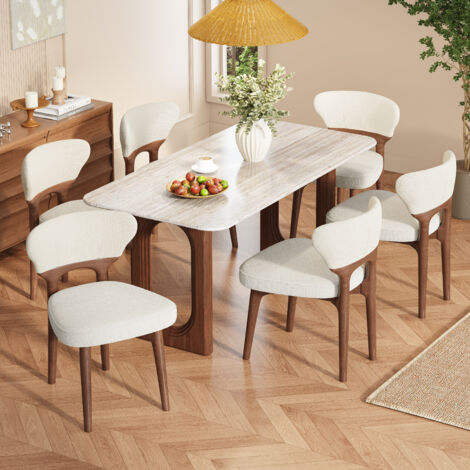 Lot de 6 chaises de salle à manger en chenille beige clair, pieds en bois, style moderne (1/5)