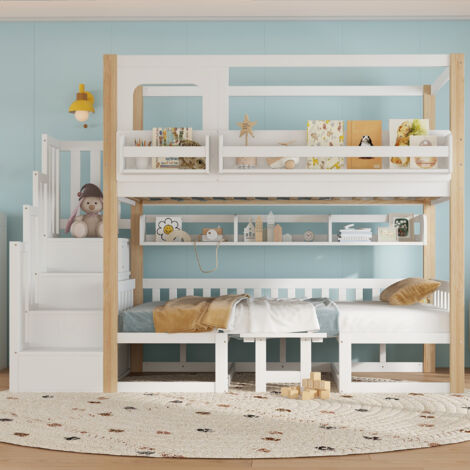 Lit superposé enfant 90x200 cm avec bureau rabattable, escalier de rangement et étagère, bois blanc et naturel (1/5)