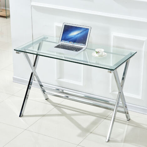 Bureau en verre trempé transparent 110x55x76 cm, table ordinateur design moderne à bords arrondis (1/5)