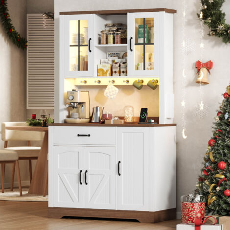 Buffet de cuisine 105x40x185 cm style grange vintage avec LED, prises USB, tiroirs et étagères réglables MDF (1/5)