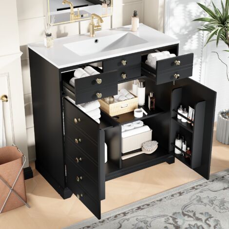 Meuble sous vasque salle de bain 91,5x47x86,5 cm noir, lavabo céramique, tiroirs et placard, MDF moderne (1/5)