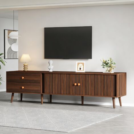 Meuble TV 180x40x46,5 cm noyer, 2 tiroirs et 2 portes tambour, rangement en MDF pour TV jusqu'à 80 pouces (1/5)