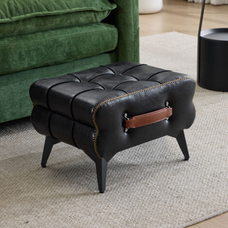 Tabouret d’entrée portable noir en PU avec poignée, pieds métal noir, repose-pieds et siège d’appoint (1/5)