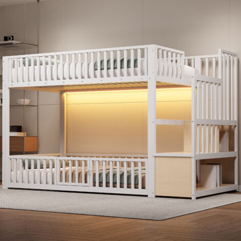 Lit superposé 90x200cm, lit enfant avec LED, échelle de rangement, barrières de sécurité, métal et MDF, blanc
