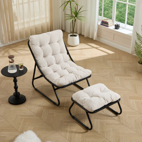 Fauteuil lounge extérieur acier avec ottoman 65x78x86 cm, style moderne, coussin et repose-pieds, velours côtelé beige