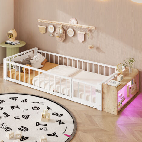 Lit enfant 90x200 cm en métal et MDF, lit au sol avec barrières, rangement ouvert et LED, style moderne, blanc (1/5)