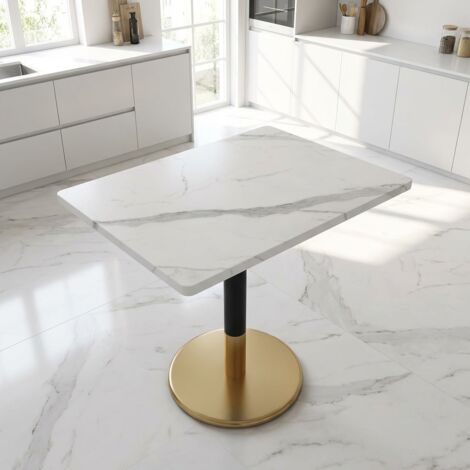 Table à manger 80x60 cm pour 2 personnes, plateau effet marbre blanc, pied métal noir et base dorée (1/5)