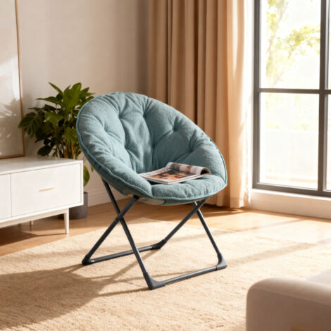 Fauteuil relax pliant en tissu bouclette pour salon et chambre, siège rond moelleux avec structure en métal, bleu