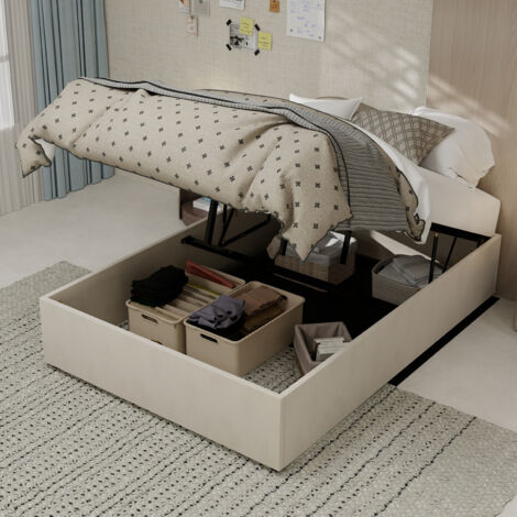 Lit coffre adulte 140x200 cm avec sommier à lattes, style moderne, tissu beige et métal (1/5)