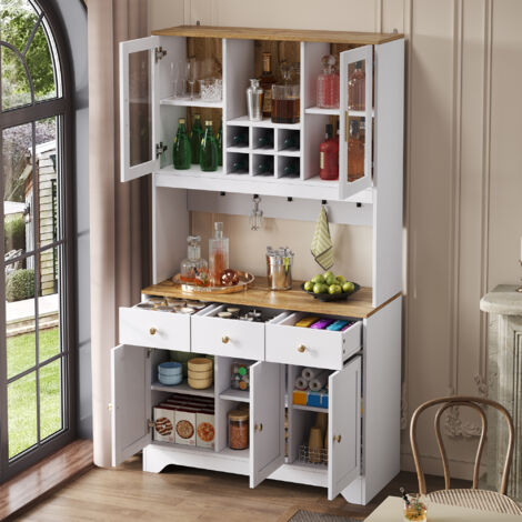 Buffet haut 94,5x30x175,5 cm pour salon/salle à manger, 5 portes 3 tiroirs, MDF blanc