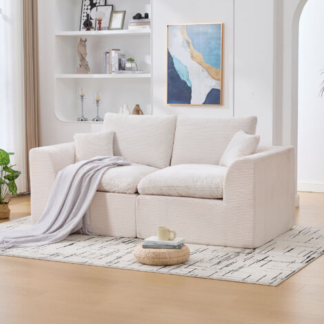 Canapé modulaire velours côtelé, canapé droit 2 places 204 cm, salon style nordique, avec coussins, beige (1/5)