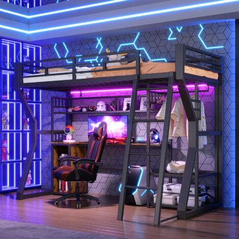 Lit mezzanine enfant en métal 90x200 cm avec bureau, prise et LED, rangement, noir (1/5)