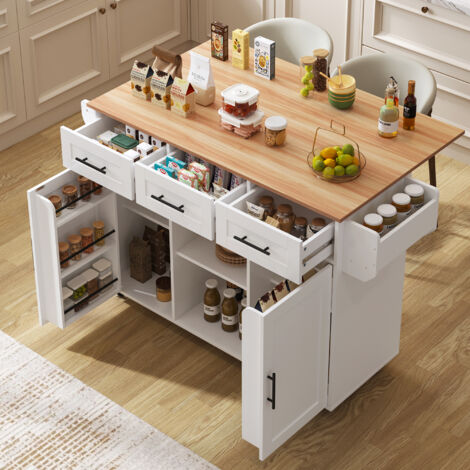 Desserte de cuisine 139x46(71)x91,5 cm avec plateau rabattable, rangements et roulettes, blanc et bois (1/5)