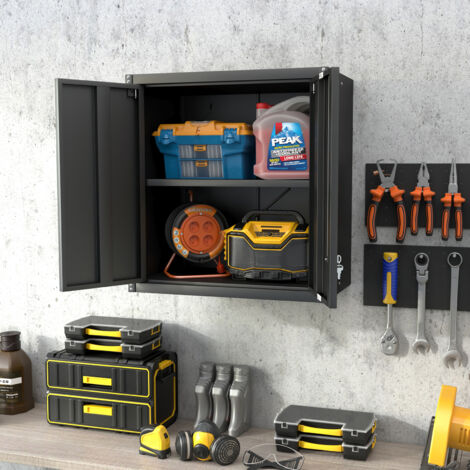 Armoire d'atelier murale de rangement 2 portes avec étagère réglable, garage bureau cuisine, métal noir (1/5)