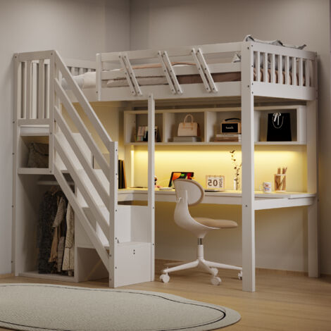 Lit mezzanine 90x200 cm lit enfant avec bureau, rangements, USB et LED, bois blanc
