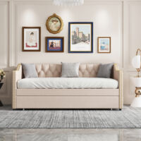 Canapé-lit Convertible En L ThomP - 140x200 Cm, Velours Beige, Avec Lit Gigogne Et Rangements, Sans Matelas