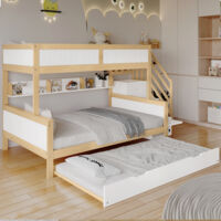 Hauss Spole – Lit superposé 90x200cm avec lit gigogne – Armoire intégrée – Construction en pin et MDF – Dimensions 252x128,5x148cm – Couleur blanc+naturel
