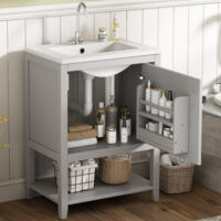 Meuble sous-vasque simple 60 cm avec vasque en céramique et meuble de rangement, étagères, MDF, gris