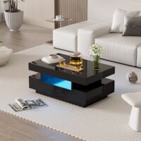 Table basse 80x50x36 cm, LED, 4 tiroirs + 3 compartiments, Surface brillante, design moderne pour salon/chambre, noir