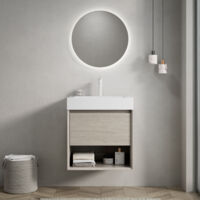 Meuble de salle de bain mural 55 cm, avec lavabo blanc en résine intégrée, meuble en contreplaqué avec 1 tiroir 1 étagère ouverte, naturelle