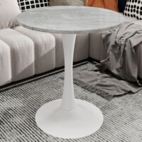 Table basse ronde 27,6" pour 2-4 personnes, table de salle à manger, plateau effet marbre gris clair, base en métal blanc, pour salon cuisine