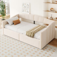 Canapé‑lit coffre 90x200 cm, lit enfant simple, hydraulique, sommier à lattes, sans matelas, velours beige