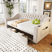 Canapé‑lit 90x190 cm, lit enfant velours, accoudoirs avec USB et rangements, 2 tiroirs, sommier à lattes, beige