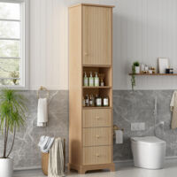 Colonne de salle de bain 40x30x172 cm, 3 tiroirs, 1 porte, étagères, MDF, bois naturel