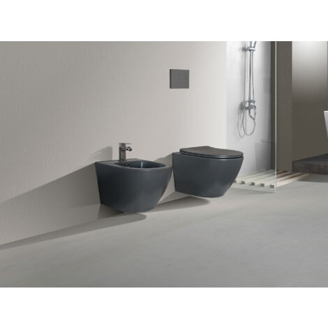 Coppia Sanitari Sospesi Serie Flipper Con Scarico Rimless: WC E Bidet Alla Mural, Coprivaso Soft-Close Incluso, Ceramica Bianca - 2