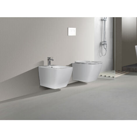 NALA Coppia Sanitari Sospesi Rimless senza brida linea squadrata dimensioni ridotte coprivaso soft-close