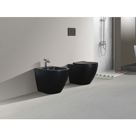 NALA Set Sanitari A Terra Filo Muro Senza Brida - RIMLESS, Linea Tonda Colore Nero Opaco Coprivaso Soft Close 85234828