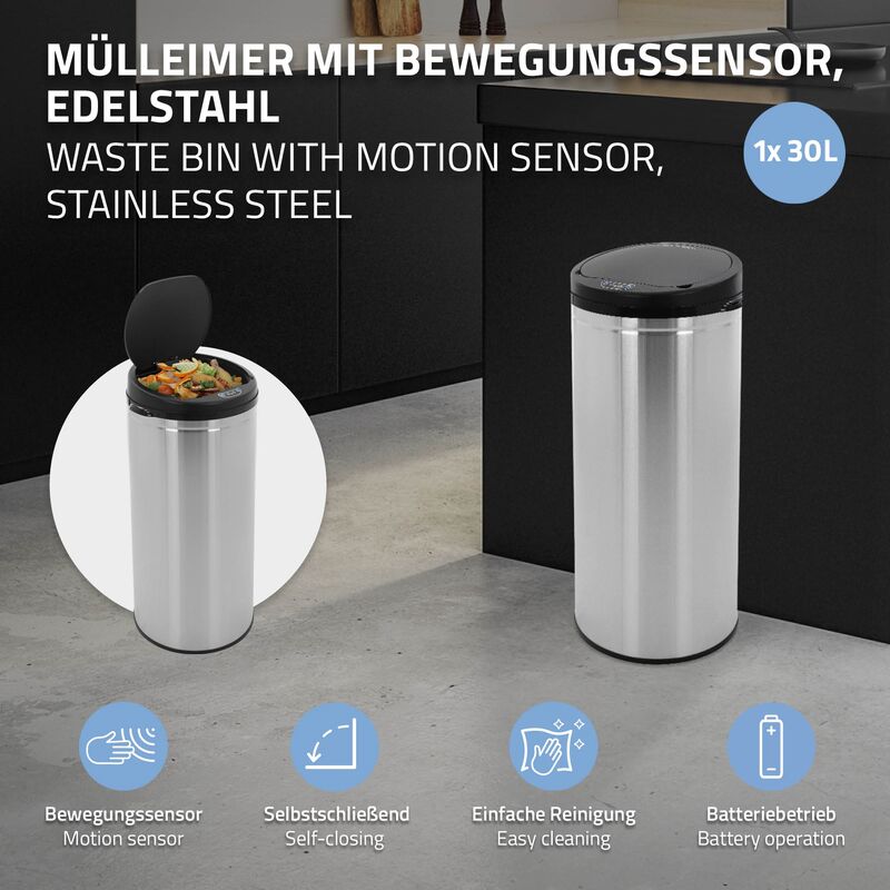ML-Design Mülleimer 30L mit Sensor, Silber, aus Edelstahl