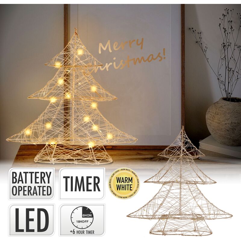 ECD Germany LED Weihnachtsbaum, 30 cm, Gold, aus Metall, mit 20 warmweißen  LEDs, Beleuchtung & Timer, Innen, batteriebetrieben, Lichterbaum Tanne  stehend Weihnachtsdeko