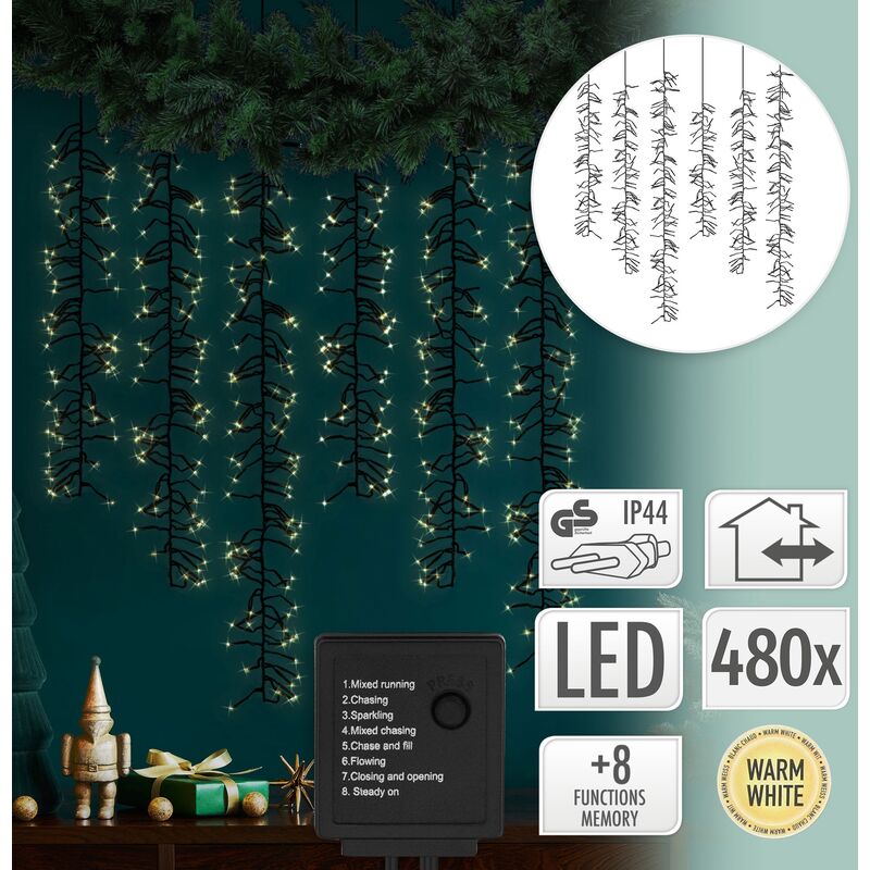 ECD Germany LED Lichterkette Lichtervorhang, 1m, mit 480 warmweißen LEDs,  Lichternetz mit 8 Modi + Timer, 6 Strängen, Innen- und Außenbereich IP44,  strombetrieben, Weihnachtsbeleuchtung Eiszapfen Eisr