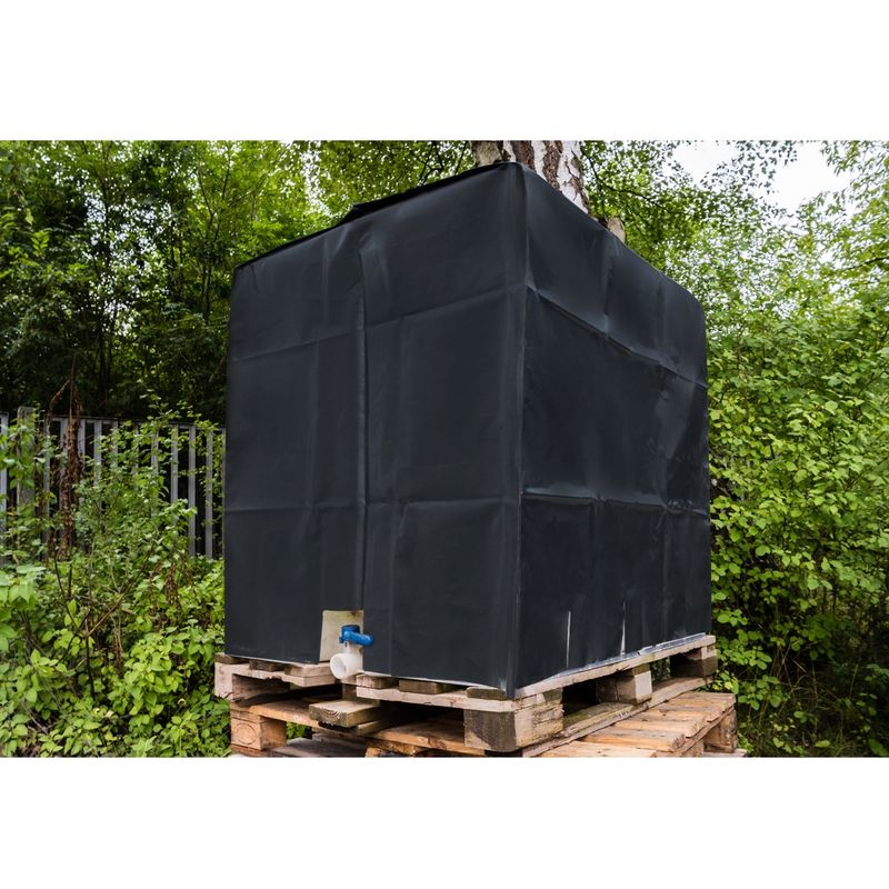 IBC Container Abdeckung UV-Schutz Folienhaube Schwarz mit Lochauschnitt 1000L 