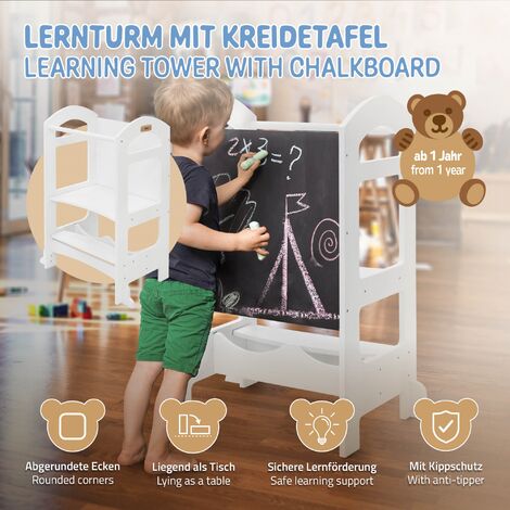 Joyz Lernturm mit Tafel, 70x40x90 cm, Weiß, aus Holz, Lernstuhl ab 1 Jahr  2in1, Montessori Tritthocker