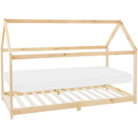 ML-Design Kinderbett 90x200 cm Natur mit Matratze H:10 cm, Dach und Lattenrost, Hausbett für Mädchen/Jungen, Kinderhaus aus Kiefernholz, Bodenbett Jugendbett Kinder Bett Bettenhaus Spielbett Holzbett (1/5)