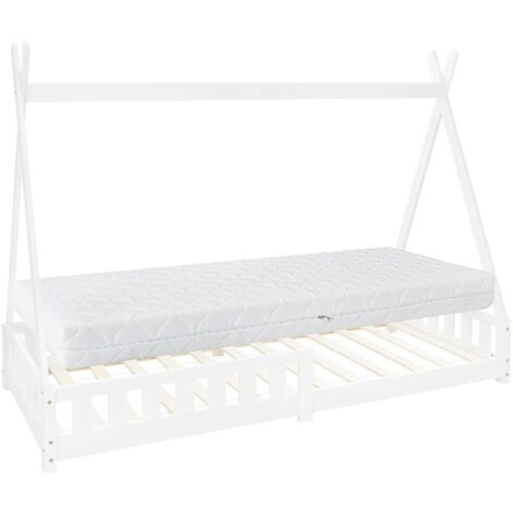 ML-Design Kinderbett Tipi 90x200 cm Weiß mit Matratze H:16cm, Rausfallschutz & Lattenrost, Kiefernholz, Indianer Bett für Mädchen & Jungen, Hausbett mit Zaun, Bodenbett Jugendbett Spielbett Holzbett (1/5)