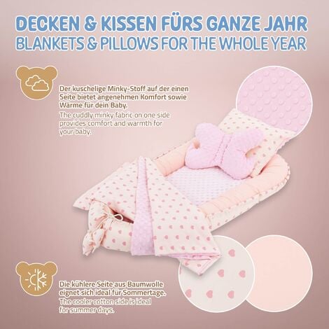 Joyz 5 teilig Babynestchen Set, 90x50 cm, Herzen mit Rosa Minky, aus  Baumwolle, mit Kuscheldecke, Kissen