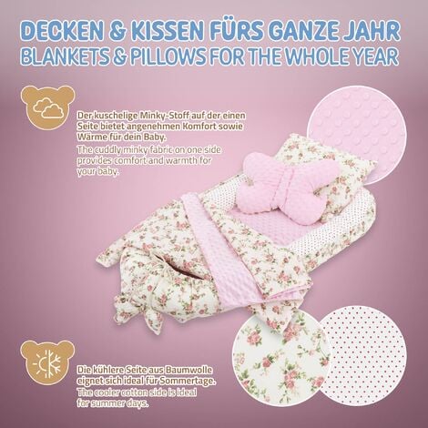 Joyz 5 teilig Babynestchen Set, 90x50 cm, Blumen mit Rosa Minky, aus  Baumwolle, mit Kuscheldecke, Kissen