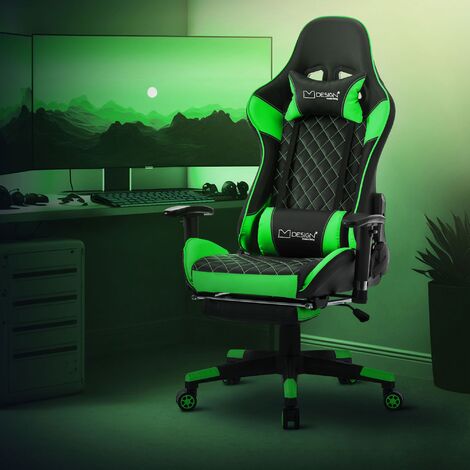 ML-Design Gaming Stuhl mit Fußstütze, Schwarz/Grün, aus Kunstleder,  Ergonomischer Bürostuhl mit Armlehne, Kopfstütze, Lendenkissen