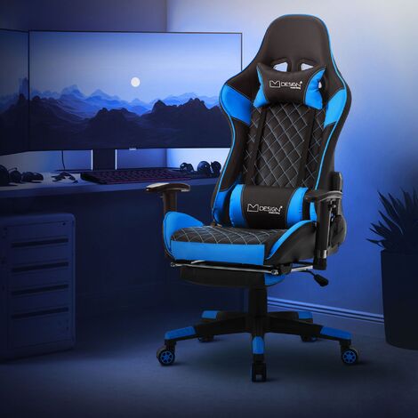 ML-Design Gaming Stuhl mit Fußstütze, Schwarz/Blau, aus Kunstleder