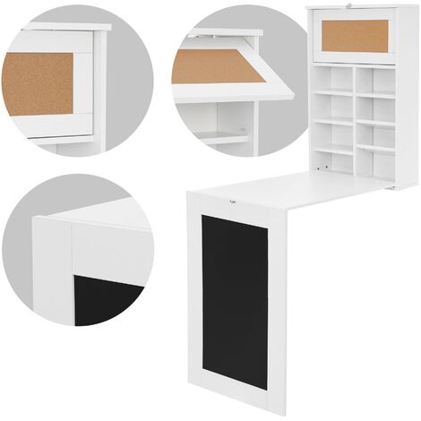ML-Design Wandtisch klappbar, Weiß, Wandklapptisch mit Tafel, 8 Fächern und Pinnwand, Schreibtisch zum ausklappen, Klapptisch Wandmontage, Klappschreibtisch mit Regal, Esstisch Laptoptisch Bartisch