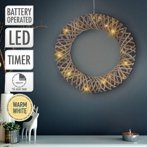 ECD Germany LEDs, 15 cm, Weihnachtskranz Ø40 Warmweiße aus & Beleuchtung mit Metall mit Rattan, Türkranz